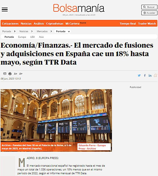 Economa/Finanzas.- El mercado de fusiones y adquisiciones en Espaa cae un 18% hasta mayo, segn TTR Data